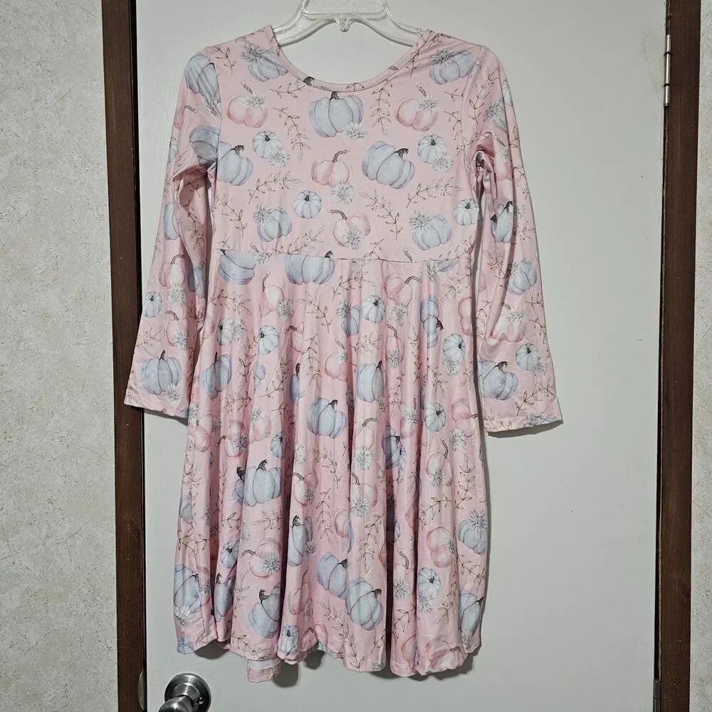 Marie Nicole Girls Size 5XL(9-10) Pink Harvest Fall Pumpkin Print Skater Dress